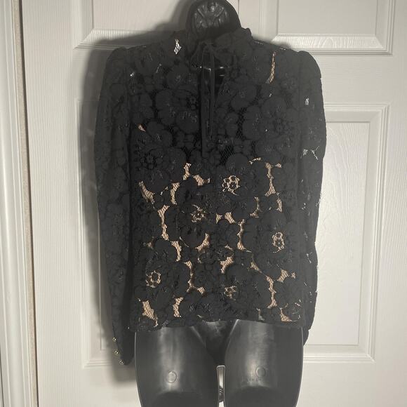 WAYF Lace Blouse Womens Small Black Floral Sheer Attached Tan Cami Mock Neck Top - Picture 3 of 9